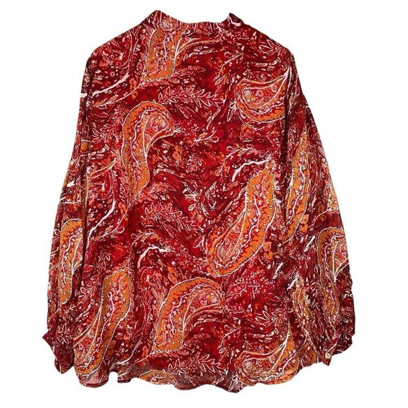 Soft Surroundings Top Plus 2X Cheyla Tunic Red Paisley Crinkle Chiffon Button Up - Picture 2 of 12